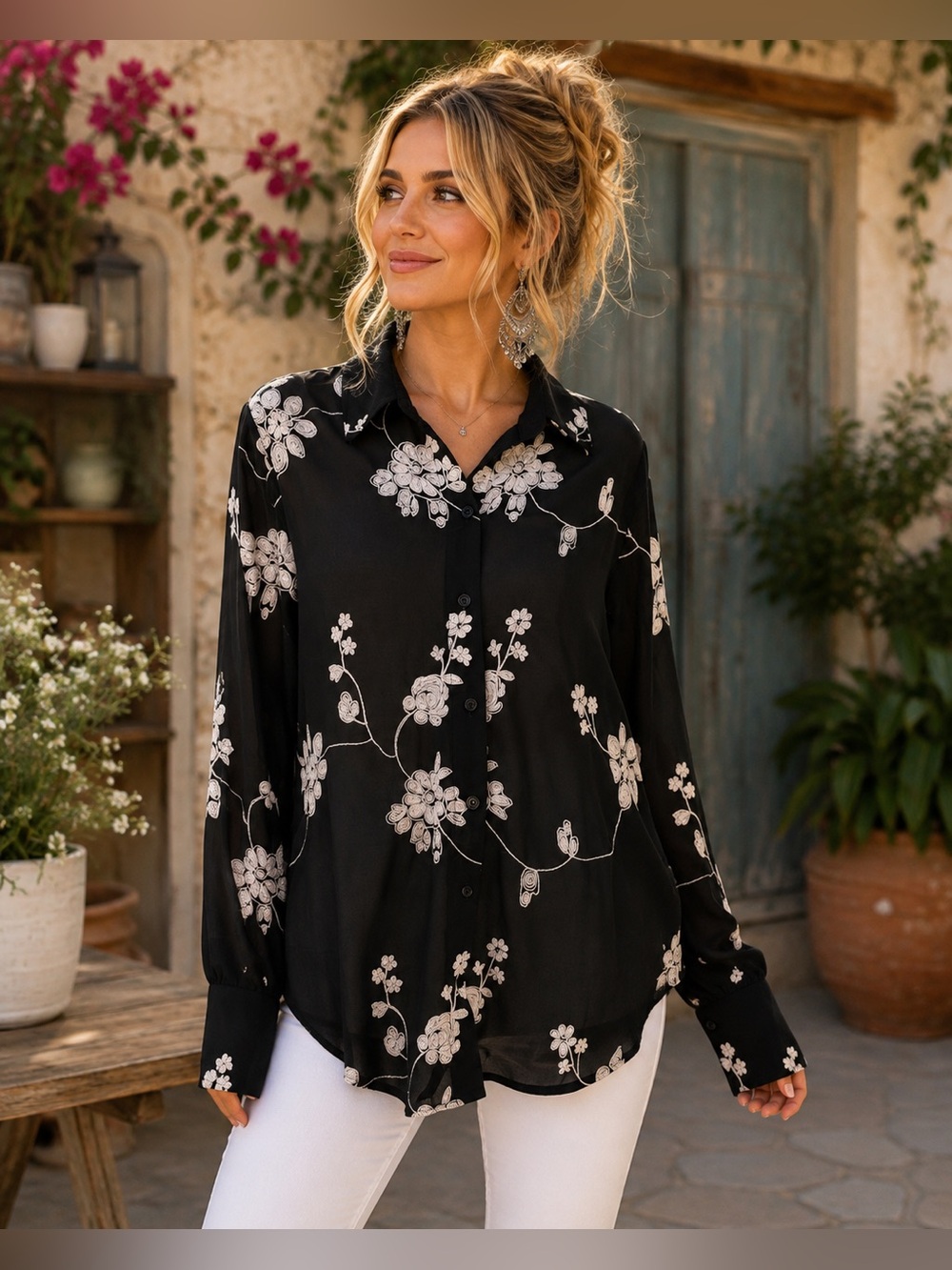 LIFE Black Sheer Embroidered Floral Button Front Blouse Medium Long Sleeve